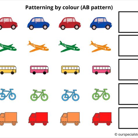 Learn and create fun patterns using different types of vehicles, size and colour. Pattern away! Abb Patterns, All About Me Preschool Theme, Me Preschool Theme, Transportation Worksheet, Subtraction Kindergarten, Ab Patterns, Educational Activities For Preschoolers, Pattern Cards, All About Me Preschool