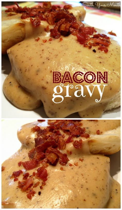 Rich country gravy made from bacon drippings served over biscuits or toast. Brenda Gnatt, Brenda Gantt Recipes, Country Gravy Recipe, Breakfast Gravy, Homemade Gravy Recipe, Bacon Gravy, Barbecue Recipe, Chicken Barbecue, Easy Gravy Recipe