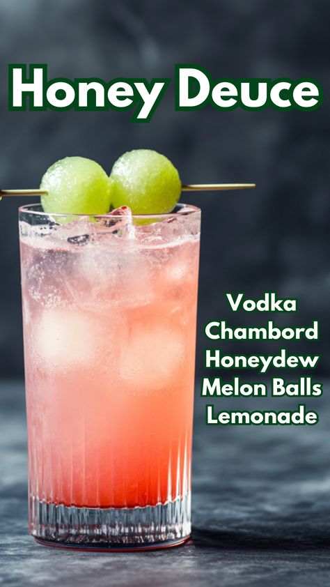 The Honey Deuce is a refreshing and fruity cocktail, perfect for warm days or any occasion. Combining the smoothness of vodka with the tangy sweetness of lemonade and a hint of raspberry from Chambord, this drink is elegantly garnished with skewered honeydew melon balls, making it as beautiful as it is delicious.
#honeydeucecocktail #honeydewcocktails via @mybartender Honey Deuce Cocktail Recipe, Sweet Vodka Cocktails, Honey Deuce Cocktail, Honeydew Cocktail, Honey Deuce, Chambord Cocktails, Lemonade Cocktails, Melon Balls, Cocktail Cards