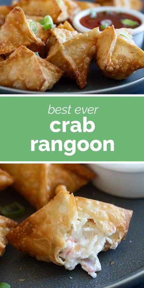 Make these Crab Rangoon at home for a restaurant quality appetizer! Sweet crab is combined with cream cheese and fried inside wonton wrappers in this delicious recipe. Wonton Wrapper Recipes Appetizers, Crab Rangoon Filling, Appetizer Sweet, Wonton Wrapper Recipes, Crab Rangoon Recipe, Rangoon Recipe, Pin Wheels, Cream Cheese Wontons, Wonton Cups