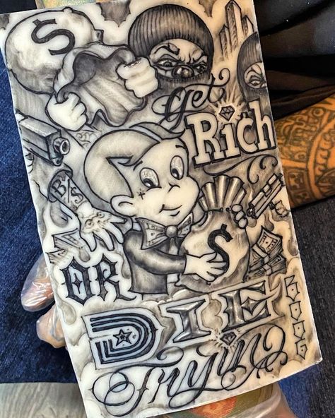 Certified Whiteboy Tattoo, Richy Rich Tattoo, Risk Taker Tattoo Design, Get Rich Or Die Trying Tattoo Design, Richie Rich Tattoo, Die Trying Tattoo, Trying Tattoo, Get Rich Or Die Trying Tattoo, Gangster Tattoo Ideas