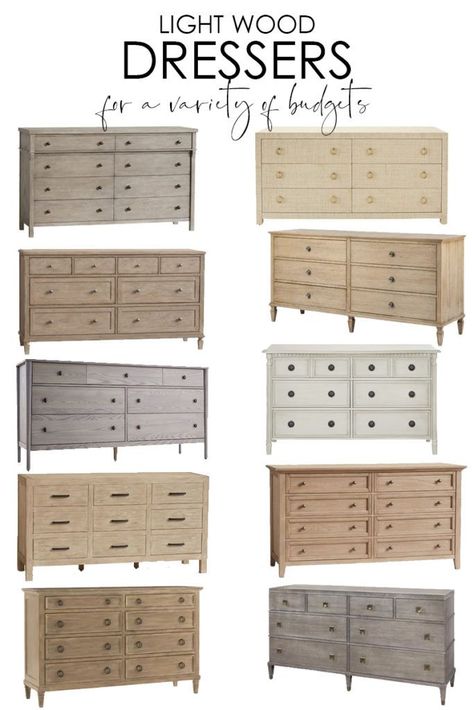 A collection of light wood dresser options that work well for a variety of decorating styles and budgets! These dressers give a slightly modern coastal look and have excellent reviews. #dresser #bedroomdecor #dresserplans Light Wood Dresser Bedroom Modern, Natural Wood Bedroom Dresser, Farmhouse Dressers Bedroom, Dresser Master Room, Light Oak Dresser Bedroom, Pottery Barn Sausalito Bedroom, Coastal Bedroom Furniture Ideas, Mix Match Dresser And Nightstands, His And Her Dressers Master Bedrooms