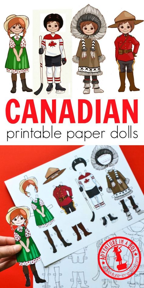 For studying a unit on Canada or celebrating Canada Day with a craft, make these printable Canadian dress-up paper dolls! Four Canadian costumes include Anne of Green Gables, a hockey player, an Inuit, and a Mountie. #homeschool #canadaday #paperdoll #teaching #geography Canada Unit Study, Canada Day Crafts For Kids, Canada Crafts For Kids, Canadian Dress, Canadian Costume, Canada Crafts, Canada For Kids, Canada Party, Canada Day Crafts