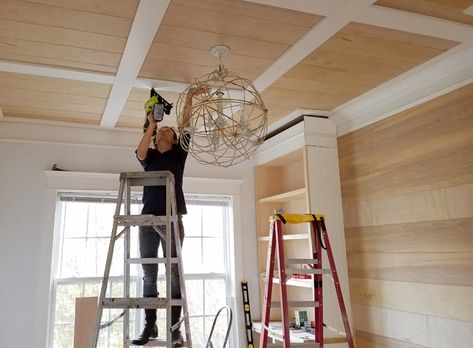 Faux Coffered Ceiling Basement, Fake Coffered Ceiling, Wood Trim On Ceiling, Natural Pine Ceiling, Cauffered Ceiling, Flat Coffered Ceiling, Rustic Coffered Ceiling, Faux Coffered Ceiling, Rustic Workshop