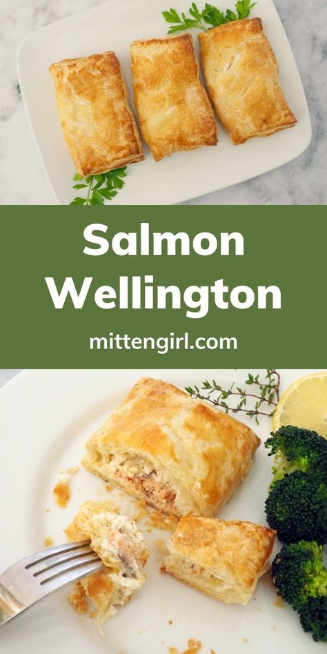 Salmon In Puff Pastry, Salmon Wellington Recipe, Salmon Puffs, Salmon Pie, Salmon Wellington, Puff Pastry Recipes Savory, Date Night At Home, Date Night Dinner, Frozen Salmon