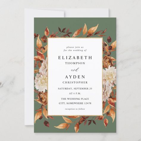 Popular Wedding Invitations, Green Invitations, Sage Wedding, Foil Wedding Invitations, Watercolor Floral Wedding Invitations, Fall Wedding Invitations, Foil Invitations, Elegant Fall, Wedding Leaves