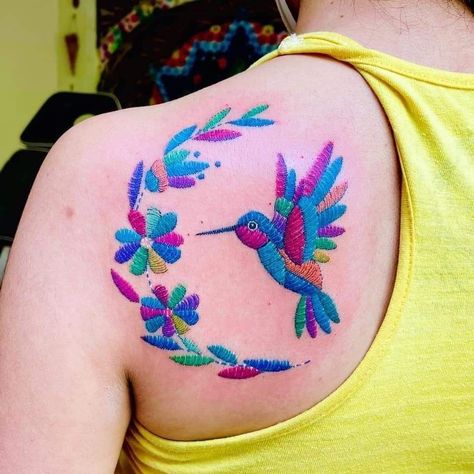 Tattoo Bordado Mexicano, Otomi Tattoo, Hispanic Tattoos For Women, Bright Tattoos For Women, Mexican Embroidery Tattoo, Mexican Tattoo For Women, Embroidery Tattoo Ideas, Mexican Inspired Tattoos, Embroidered Tattoo