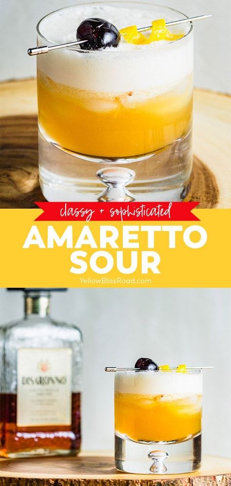 The Amaretto Sour is a classic cocktail that is a perfect option for a cocktail party menu or as a pre-game drink for date night. This recipe combines bourbon, amaretto, lemon juice, simple syrup and an egg white to form a sweet and sour drink that will delight your taste buds! Amoretto Sour, Ameretto Sour, Sweet And Sour Drink, Amaretto Sour Recipe, Amaretto Sour Cocktail, Christmas Desert, Sour Drink, Cold Drinks Recipes, Egg White Recipes