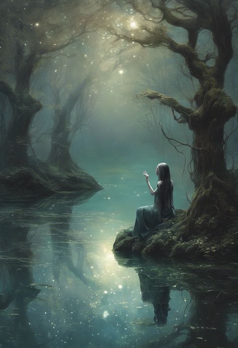 Shimmering Nymph Lake Check more: https://paintlyx.com/shimmering-nymph-lake/ Nimphs Aesthetic, Avalon Aesthetic, Sea Nymph Aesthetic, Water Nymph Aesthetic, River Nymph, Greek Monsters, Morgana Le Fay, Enchanted Lake, Genshin Oc