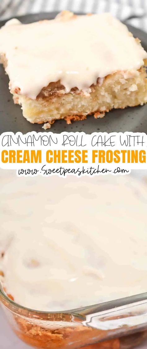 Cinnamon Roll Cake with Cream Cheese Frosting - Sweet Pea's Kitchen Pillsbury Cinnamon Roll Recipes, Viking Food, Honey Bun Cake, Cream Cheese Frosting Cake, Breakfast Sides, Cream Cheese Desserts, Oatmeal Cake, Cream Cheese Glaze, Cinnamon Cake