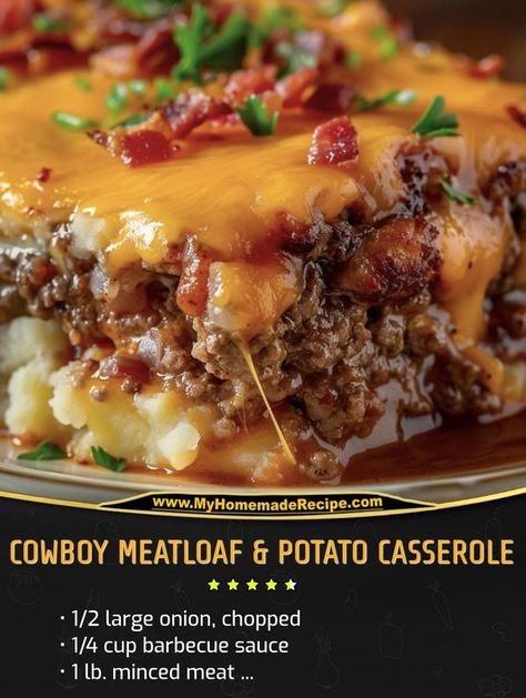 Cowboy Meatloaf And Potato Casserole Easy, Cowboy Stew With Potatoes And Meatloaf, Meatloaf Potato Casserole, Cowboy Meatloaf, Meatloaf With Bbq Sauce, Beef Potato Casserole, Savory Meatloaf, Cowboy Stew, Baked Meatloaf