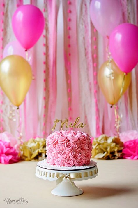 Phanessa's Kitchen: Smash Cake with Whipped Cream Frosting Smash Cake Backdrop, Cake With Whipped Cream Frosting, Cake Backdrop, Cake With Whipped Cream, Diy Cake Stand, Stabilized Whipped Cream, Pink Food Coloring, Whipped Cream Frosting, Pink Foods