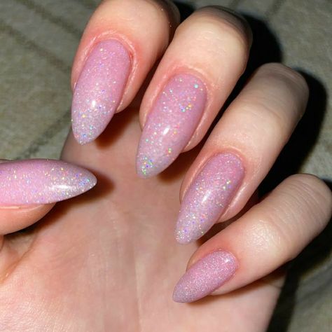 Long Almond Acrylic Nails Sparkly, Pink Powder Acrylic Nails Almond, Glittery Pink Nails Acrylic, Brown Nails Summer, Almond Nails Pink Glitter, Baby Pink Sparkle Nails, Pink Glitter Almond Nails, Green And Brown Nails, Glittery Pink Nails