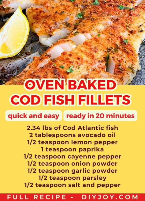 cod fish fillet seasoned with herbs and spices Bake Fish In Oven, Baked Cod Recipes Oven Easy Healthy, Baked Cod And Potatoes, Sway Fish Recipe, Cod Filet Recipes, Cod Fish Recipes Baked, Baked Cod Fillets, Cod Fillet Recipes, Oven Baked Cod