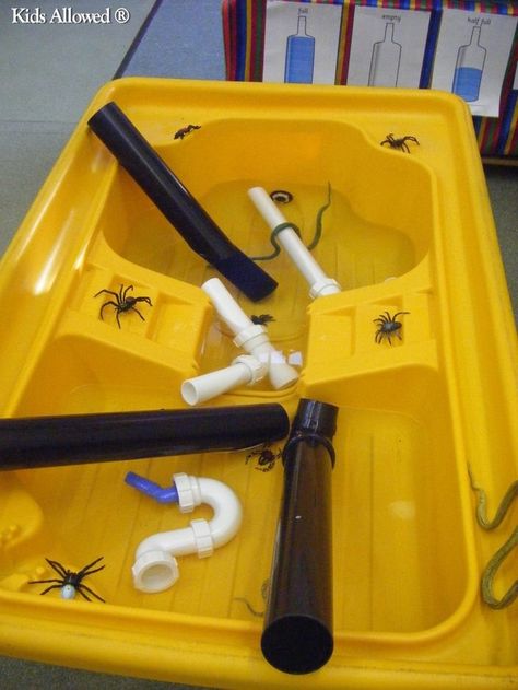 Incy wincy inspired water play.....Drainpipes and assorted pretend spiders Nursery Rhyme Week, Nursery Rhymes Preschool, Nursery Rhyme Theme, Nursery Rhymes Activities, Scary Kids, Tuff Spot, Outdoor Nursery, Rhyming Activities, Nursery Activities