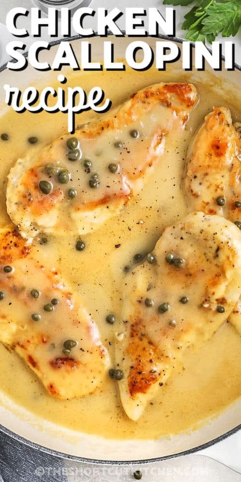 Chicken Scallopini in a pan with a title Recipetin Eats Chicken, Johnny Carinos Chicken Scallopini Recipe, Chicken Scaloppini Recipe, Lemon Chicken Scallopini, Chicken Cutlets Dinner Ideas, Chicken Bianco Recipe, Fine Dining Chicken Recipes, Chicken Lorraine, Chicken Scallopini Recipes