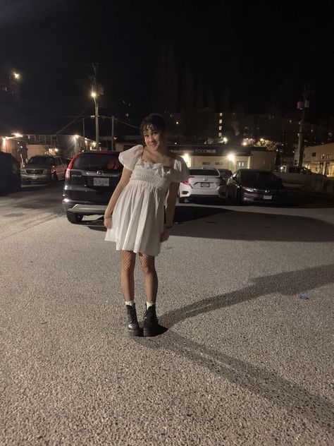 White puff sleeve dress, cute outfit inspo, platform doc martin outfits, fishnets, valentines aesthetic, teen outfits Aesthetic Teen Outfits, White Fishnet Outfit, Outfits Fishnets, Fishnets Outfit, Doc Martin Outfits, White Puff Sleeve Dress, Valentines Aesthetic, Fishnet Outfit, White Fishnets