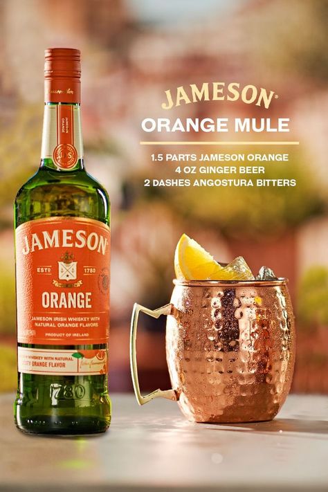 Jameson Orange, Jameson Drinks, Jameson Cocktails, Wine Slushie Recipe, Desert Drinks, Alcholic Drinks, Mule Cocktail, Mule Recipe, Orange Cocktails