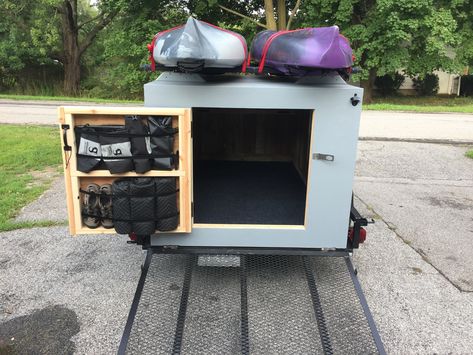 2018 DIY Micro Camper. Storage in the door for dry bags, shoes, and whatever using hook and loop (Velcro) straps. Squaredrop Camper, Trailer Hacks, Camping Trailer Diy, Homemade Camper, Camper Diy, Camper Build, Caravan Ideas, Trailer Conversion, Diy Camper Trailer