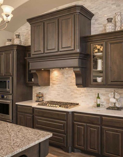 Old World Cabinets, Rustic Farm Home Decor, Fancy Backsplash Kitchen, Cabinet Color Combinations, Kitchen Colors Ideas, Kitchen Cabinet Color, Community Kitchen, Mckinney Texas, Brown Cabinets