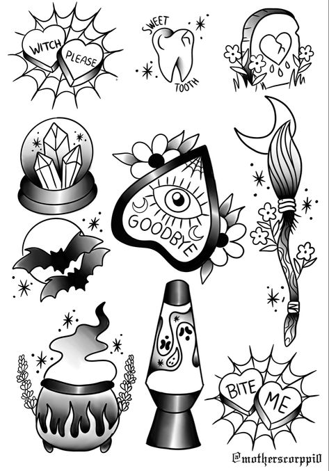 Addams Family Tattoo Flash, Halloween Flash Sale Tattoos, Spooky Season Tattoo Flash, Black And Grey Traditional Tattoo Flash, Witch Tattoo Stencil, Halloween Tattoos Flash, Simple Tattoo Flash Sheet, Halloween Flash Art, Traditional Halloween Tattoo Flash