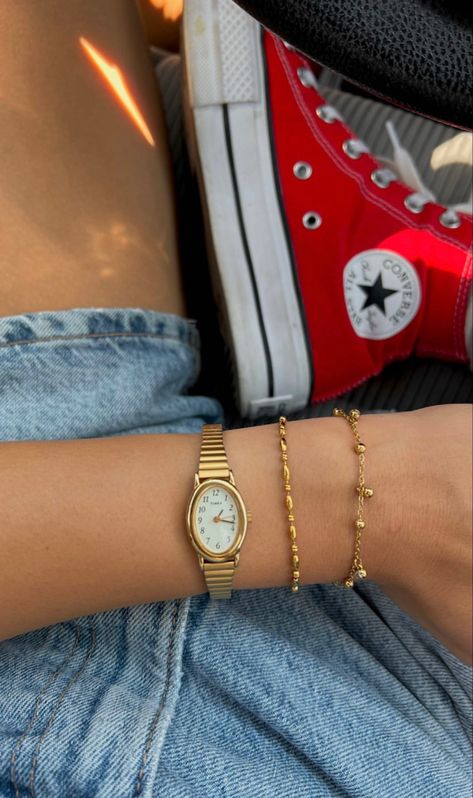 Hand Stack, Gold Converse, Jewelry Stack, Vintage Gold Watch, Vintage Watches Women, Gold Watches Women, Mangalore, Dope Jewelry, Gold Bracelets