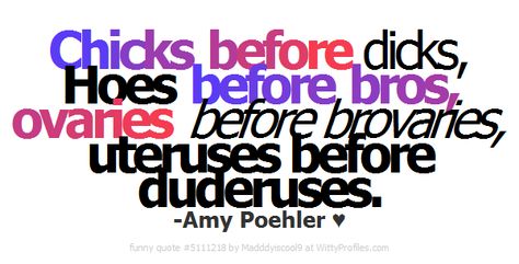 Chicks before dicks, Hoes before bros, ovaries before brovaries, uteruses before duderuses. -Amy Poehler ♥ - Witty Profiles Quote 5111218 http://wittyprofiles.com/q/5111218 Guys Quotes, Uteruses Before Duderuses, Punny Cards, Happy Birthday Frame, Men Quotes, Girl Quotes, Memes Quotes, Cool Words, Quotes To Live By