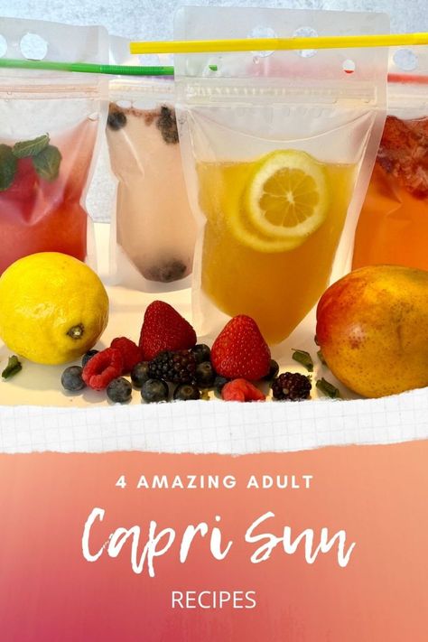 Capri Sun Cocktail, Capri Sun Alcohol Drinks, Adult Capri Sun Recipe, Margaritaville Recipes, Adult Capri Sun, Bartending Ideas, Thyme Simple Syrup, Moms 60th, Adult Playground