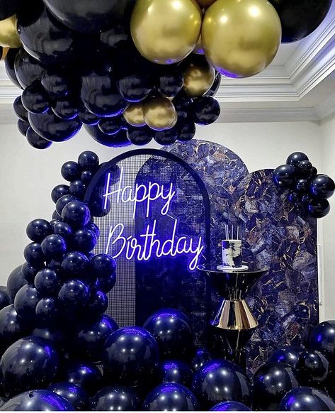 All Black Backdrop, Mens Birthday Backdrop, Black Backdrop Ideas, All Black Themed Birthday Party, 19th Birthday Themes Party Ideas, Black Birthday Theme Party Ideas, Blue Backdrop Ideas, All Black Birthday Party Decoration, Men Birthday Theme Ideas