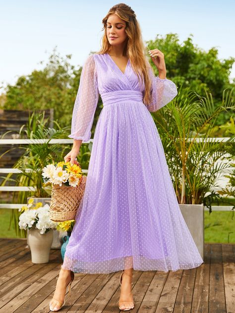 Lilac Purple Elegant Collar Long Sleeve Mesh Plain A Line Embellished Non-Stretch  Women Dresses Light Purple Dress Long, Long Gown Dress From Saree, Purple Dress Outfits, Purple Ball Gown, Vestido Shein, Light Purple Dress, Birthday Outfit For Women, Light Blue Prom Dress, Dama Dresses