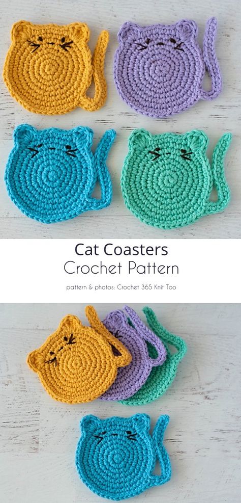 Animal Coaster Free Crochet Patterns Diy Crochet Coasters Free Pattern, Cat Coaster Free Pattern, Fat Cat Coasters Crochet Free Pattern, Crochet Pattern Coaster Free, Crocheted Cat Coasters Free Pattern, Free Cat Coaster Crochet Patterns, Crochet Cat Potholder, Cat Coasters Sewing, Cute Crochet Cat Free Pattern