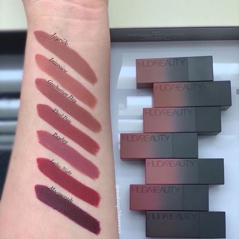 Huda Beauty Lipstick Swatches, Huda Beauty Lipstick, Nude Lip Makeup, Lipstick For Dark Skin, Lipstick Kit, Makeup Accesories, Makeup Artist Tips, Quick Makeup, Lipstick Swatches