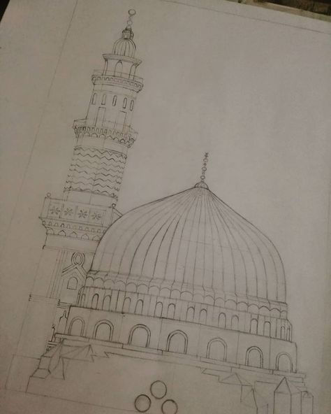 Sabz gumbad drawing islamic architecture drawing Kaba Sharif Sketch, Madina Sharif Sketch, Islam Drawing Ideas, Madeena Shareef Drawing, Islamic Architecture Drawing, Madina Sharif Drawing, Muslim Art Paintings Islam, Mosque Drawing Islamic Art, Madina Sketch