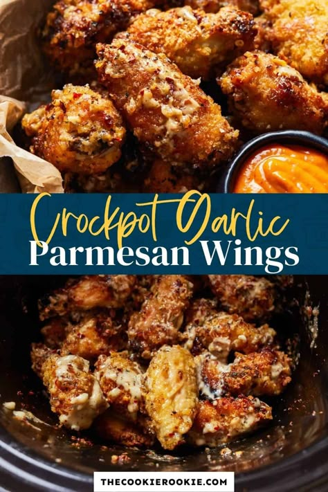 Wings Recipe Crockpot, Crockpot Garlic Parmesan Chicken, Breaded Chicken Wings, Parmesan Wing Sauce, Chicken Wings Crockpot, Slow Cooker Chicken Wings, Easy Chicken Wing Recipes, Crockpot Meat, Easy Chicken Wings