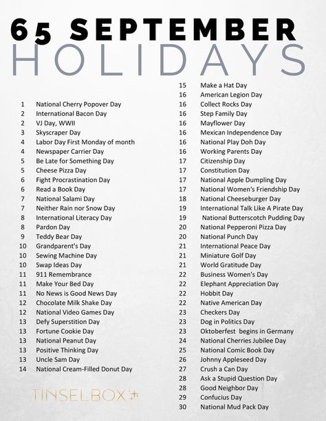 There are so many great holidays in September. It's not just labor day. Get the list! National Days Calendar 2023 September, National Days In September 2023, September Holidays Calendar, Special Days In September, September Holidays 2023, Weird Holidays Calendar, National Days In September, List Of Holidays, Monthly Holidays