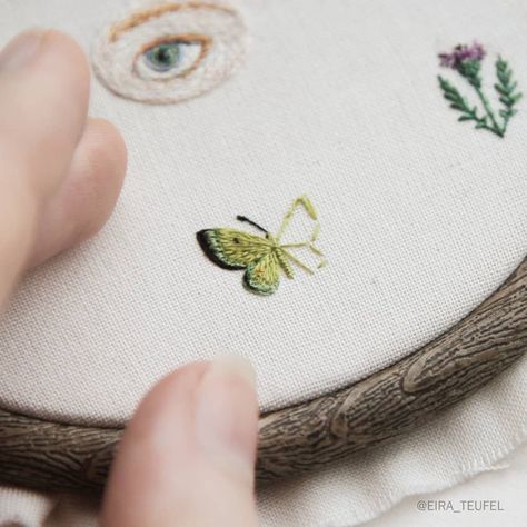 Embroidery art and jewelry on Instagram: “A tiny butterfly embroidery and another part of the #vi_wi project 🌸 The spring is definitely coming (at least in my mind, nevertheless ice…” Tiny Butterfly Embroidery, Small Butterfly Embroidery, Embroidery Icons, Butterflies Embroidery, Tiny Embroidery, Bugs Embroidery, Embroidery Butterfly, Embroidered Butterflies, Tiny Butterfly