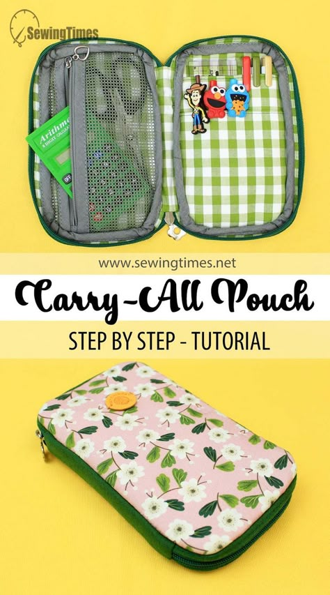 DIY Carry-All Pouch | How to make a zip around Pencil Case [sewingtimes] Zip Around Pouch Pattern, Zipper Pencil Pouch Pattern, Pencil Holder Sewing Pattern, Pen Pouch Pattern, Zippered Pencil Pouch Free Pattern, Pencil Pouch Sewing Pattern Free, Pencil Case Sewing Tutorial, Homemade Pencil Case, How To Make Pouch