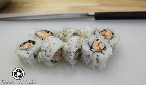 Spicy Shrimp Roll - Secrets of Sushi Shrimp Sushi Recipes, Spicy Shrimp Roll, Ramen Lo Mein, Spicy Shrimp Sushi, Shrimp Sushi Rolls, Shrimp Tempura Sushi, Spicy Shrimp Salad, Shrimp Tempura Roll, Shrimp Roll