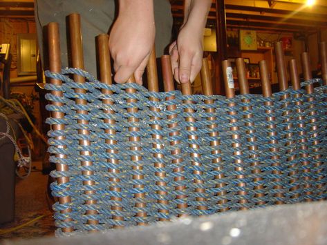 Picture of Removing the Door Mat From the Jig. Rope Ideas Decor, Nautical Rope Crafts, Lobster Rope Basket, Useful Things To Make, Rope Rugs, Lobster Rope Doormat, Useful Gift Ideas, Rope Mat, Recycled Door