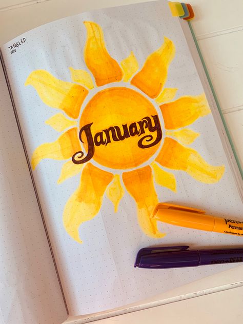 Tangled Journal Ideas, Disney Bujo Theme, Disney Journal Ideas, Journal January Cover, Bullet Journal January Cover Page, Bullet Journal January Cover, Disney Bujo, Disney Bullet Journal, January Cover Page