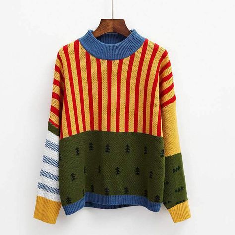 Loose Pullover Sweater, Striped Knitted Sweater, Christmas Sweaters For Women, Women Sweaters Winter, Loose Pullover, Korean Fashion Trends, Pattern Sweater, 가을 패션, Color Block Sweater