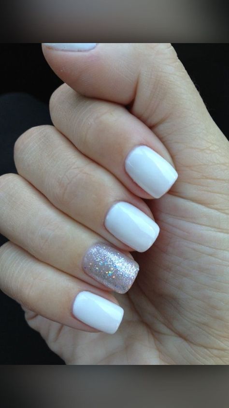 White Gel Nails With Accent Nail, White Nails With Ring Finger Glitter, White Nails With Silver Accent Nail, White Nails With Accent Nail Ring Finger, White And Silver Pedicure, White Finger Nails, White Nails With Accent, Anc Nails, White Nails With Glitter