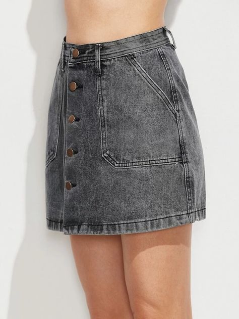 Grey Single Breasted Pockets Denim Skirt | SHEIN Grey Denim Skirt, Short Skirt Dress, Denim For Women, Short Jean Skirt, Denim Shorts Outfit, Bright Outfits, Long Denim Skirt, Short Jean, Skirt And Sneakers