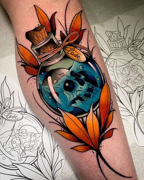 Neo Traditional Tattoo Design, Traditional Tattoo Filler, Neo Traditional Art, Colored Tattoo Design, Neo Tattoo, Lantern Tattoo, Tattoo Apprenticeship, Bottle Tattoo, Tatuaje A Color