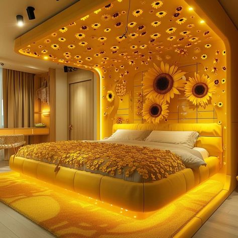 Sunflower Bedroom Decor, Bedroom Interior Colour, Sunflower Bedroom, Fairytale Bedroom, Sunflower Aesthetic, Beautiful Bedroom Colors, Tiktok Influencer, Natural Fence, Art Deco Bedroom