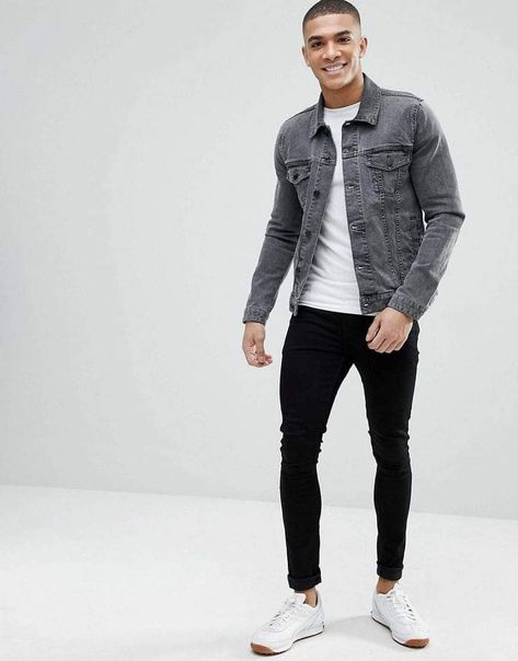 Gray Denim Jacket Outfit, Grey Denim Jacket Outfit, Dude Fits, Denim Jacket Men Style, Grey Jacket Outfit, Trucker Jacket Outfit, Jean Jacket Outfits Men, Denim Jacket Men Outfit, Jean Shirt Outfits