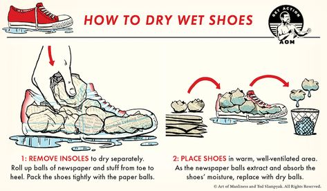 How to Effectively Dry Wet Shoes | The Art of Manliness Survival Skills Emergency Preparedness, General Studies, Survival Skills Life Hacks, Art Of Manliness, Paper Balls, Survival Life Hacks, Reference Chart, Survival Techniques, Good Presentation