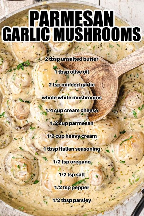 Garlic Parmesan Mushrooms, Mushroom Side Dish Recipes, Parmesan Mushrooms, Parmesan Garlic Sauce, Mushroom Side Dishes, Mushroom Recipes Healthy, Parmesan Recipes, Frozen Meatballs, Creamy Parmesan