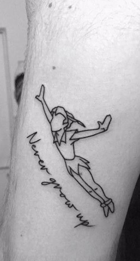 Disney Tattoos Peter Pan, Neverland Tattoo, Mic Tattoo, Peter Pan Tattoo, Trident Tattoo, Wolf Tattoo Sleeve, Small Quote Tattoos, Dad Tattoos, Dainty Tattoos