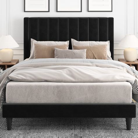 Black Tufted Headboard, Black Wooden Bed, Black Headboard Bedroom, Black Upholstered Bed, Black Velvet Bed, Black King Bed, Platform Bed Frame With Headboard, Velvet Bed Frame, Tufted Platform Bed